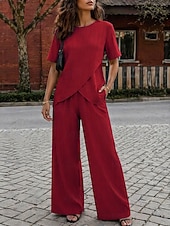  Mujer Camiseta Conjuntos de pantalones Bolero Manga Corta Cuello Barco Color sólido Moda Ropa de calle Diario Exterior Vacaciones Azul Piscina Vino Verde Trébol Verano Holgado