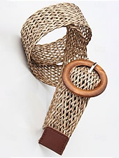 preiswerte Damengürtel-Boho-Taillengürtel für Damen, mehrfarbiger, elastischer Flechtgürtel mit runder Vintage-Holzschnalle – ideal für Strandurlaub, Sommerresort und lässigen Alltag.