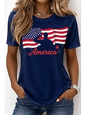  Dia da Independência Americana Mulheres Camiseta Imprimir Gráfico Bandeira Letra Vintage Moda à moda Manga Curta Gola Redonda Decote Redondo Tops longos Casual Diário Final de semana Azul Branco