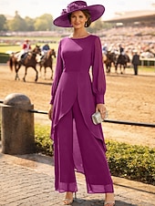 billige Mammas buksedresser-Buksedrakt Asymmetrisk Kjole til brudens mor Langermet Crew-hals Elegant Formell Bryllupsgjest Formell kveld Chiffon med Ensfarget