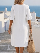 tanie Podstawowe sztuczne sukienki-Damskie Sukienka midi Sztuczna bawełna len Sukienka trapezowa Codzienny Codzienny Luźna Równina Rękaw 3/4 W serek Niebieski Czarny Biały Zielony Lato Wiosna Jesień