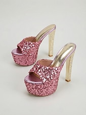 voordelige Platform Sandalen-Damessandalen met blauwe glitterplateauhak en open neus, perfect voor een feestje of avondje uit in de club. &amp;glamoureuze avondlooks