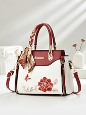 Χαμηλού Κόστους Τσάντακι &amp; Totes-Γυναικεία τσάντα χειρός με κέντημα και λουλούδι, με διακοσμητικό κασκόλ, από συνθετικό δέρμα, σε πολλά χρώματα, κομψό, casual στυλ, ιδανική για καθημερινή χρήση, γραφείο και κοινωνικές συγκεντρώσεις.