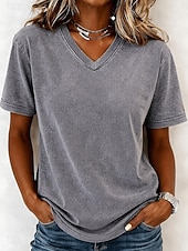  T-shirt femme en coton délavé à l'acide, style vintage, manches courtes, col V, coupe classique, décontracté, idéal pour le quotidien et les sorties, bleu violet / bleu noir violet orange été