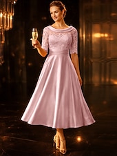 رخيصةأون طول الكاحل-A-الخط طول الساق فستان الحفلة فستان كوكتيل فستان زفاف ضيف فستان أم العروس نصف كم رقبة سكوب أنيق عتيق ضيف حفل زفاف ساتان دانتيل مع روش زينة