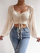 tanie Chiffon Tops-Damskie Koszula Bluzka Bluzki z szyfonu Z marszczeniami Równina Elegancki Podstawowy Klasyczny Długi rękaw W serek Zwykłe topy Codzienny Impreza Święto Niebieski Czerwonobrązowy Czarny Biały