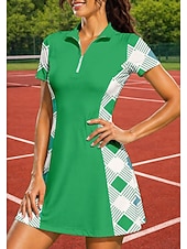 voordelige Dames jurk-Women's Geometric Tennis Dress Sports Dress Tennis Polo Dress Short Sleeve Quarter Zip UPF50+ Elastic Sweat-Wicking Breathable Volleyball Tennis Golf Turndown Zip Collar Dress Green Tennis Clothing