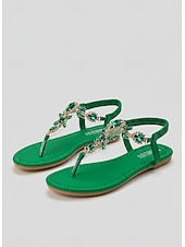 abordables Sandalias Planas-Sandalias con tira en T y adorno de diamantes de imitación verdes para mujer con correa elástica en el tobillo: calzado de verano elegante para playa, fiestas o ropa informal
