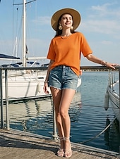 Недорогие Простая футболка-Жен. Вафельная рубашка Футболка Футболки Топы в вафельном вязании Сплошной цвет Классика Современное На каждый день С короткими рукавами Вырез под горло Обычные топы Повседневные Праздники На выход