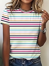 abordables Camiseta a rayas y geométrica-Women's T Shirt Print Graphic Geometric Striped Vintage Stylish Classic Short Sleeve Crew Neck Regular Tops Casual Daily Blue Light Green Pink Light Brown Black Summer Spring