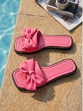 voordelige Slide Sandalen-Opvallende roze slippers met strik voor dames - chique platte slippers met vierkante neus en oversized decoratieve knopen, perfect voor luxe hotelvakanties en stranduitjes. &amp;zomerresort luieren