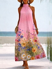  Per donna Abito maxi Vestito Estivo Abito a trapezio Vacanza Spiaggia Vestibilità comoda Floreale Grafico Senza Maniche All'americana Blu Giallo Rosa Estate Primavera
