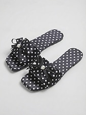 cheap Slide Sandals-Women's Polka Dot Bow Slide Sandals – Cute Pearl Bow Slip-On Flats, Casual Chic Slippers for Poolside, Hotel Resort &amp; Summer Holiday