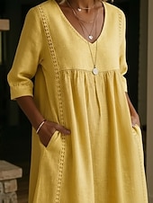  Femmes Robe Midi Robes effet lin Robe d'Été Robe trapèze Robe d'été Vacances Fête Basique Quotidien Bureau Plage Coupe Ample Uni Demi Manches Col en V Bleu Ciel Noir Olive verte Jaune Été Printemps