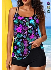 abordables Surfing Tankinis &amp; Bikinis-Mujer Regular Camiseta Protección Solar Surf Traje de baño con estampado floral Trajes de baño tankini Oceano Flores Tropical 2 Piezas Acolchado extraíble Boyleg Protección solar UV UPF50+ Elástico
