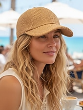 tanie Kapelusze damskie-Damska czapka baseballowa ze słomy w stylu boho, regulowany, wielokolorowy, tkany kapelusz przeciwsłoneczny na wakacje na plaży, podróże do kurortu, wypoczynek na świeżym powietrzu i codzienny strój