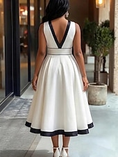 halpa Yksinkertainen mekko-Naisten Midimekko A linjainen mekko Tyylikäs Juhla cocktail ulko- Juhla Häät Tilkkutäkki Tasku Normaali Yhtenäinen väri Hihaton V kaula-aukko Valkoinen