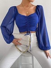 tanie Chiffon Tops-Damskie Koszula Bluzka Bluzki z szyfonu Z marszczeniami Równina Elegancki Podstawowy Klasyczny Długi rękaw W serek Zwykłe topy Codzienny Impreza Święto Niebieski Czerwonobrązowy Czarny Biały