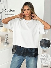 billige Plain t-skjorte-Dame 100% قطن Kontrast blonder Stilfull Klassisk Kortermet Crew-hals Vanlige topper Avslappet Svart Hvit Sommer Vår