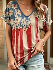  día de la independencia americana Mujer Camiseta Estampado Graphic Bandera estadounidense Vintage Elegante Clásico Manga Corta Escote en Pico Tops regulares Casual Diario Fin de semana Azul Piscina