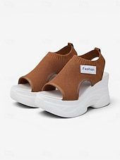 voordelige Sport Sandalen-Damessandalen met sleehak in bruin gebreid materiaal, ademende gebreide sportsandalen, veelzijdige casual schoenen voor vakantie en wandelen. &amp;zomerse dag