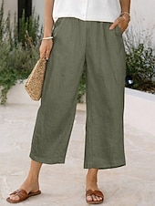  Mulheres Calças com toque de linho Calças Capri Calças Shorts de verão Férias Moda Básico Comprimento total Cintura Alta Côr Sólida Tecido Bolsos Perna larga Cintura elástica Conforto Macio Respirável