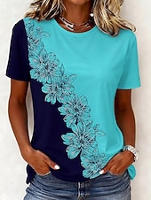 billiga Blommig t-shirt-Dam T-shirt Mönster Blommig Grafisk Växter bohemliv Hawaiisk Stylish Kortärmad Rund hals Långa toppar Dagligen Blå Svart Ljusrosa Gul Mörkgrön Sommar Vår