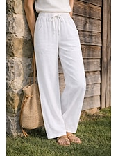 economico Fondi-Pantaloni da donna taglie forti 100% cotone a gamba larga, ideali per vacanze, basic, casual, per tutti i giorni, lunghezza intera, vita alta, tinta unita, coulisse, gamba larga, comodi, ad asciugatura rapida, morbidi, anelastici, grigi, neri, bianchi