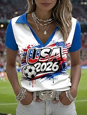 Women's T Shirt Color Block Print Graphic Stylish Classic Casual Short Sleeve Polo Collar Regular Tops Casual Daily Sports Blue Black Red Summer Spring