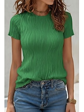 baratos Camiseta lisa-Mulheres Camiseta Textura T-shirt Jacquard Frufru Côr Sólida Elegante Moda à moda Manga Curta Gola Redonda Tops regulares Diário Para Noite Final de semana Preto Branco Vinho Verde Verão Primavera