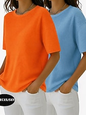  Wielopak 2 szt. damskich T-shirtów z waflowym wzorem, dzianinowe topy z waflowym wzorem, jednolity kolor, stylowy, podstawowy, klasyczny, krótki rękaw, okrągły dekolt, regularny top, swobodny, codzienny, plażowy, różowy + pomarańczowy