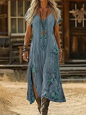 preiswerte Ethnisches Boho-Kleid-Damen Maxikleid Boho-Kleid Freizeitkleid A Linie Kleid Druckkleid Vintage Outdoor Urlaub Wochenende Normale Passform Blumen Grafik Kurzarm V Ausschnitt Blau Dunkelgrün Violett Grün Sommer Frühling