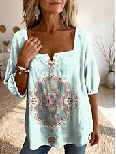 Χαμηλού Κόστους Λουλουδάτες μπλούζες-Γυναικεία Μπλούζα Σουρωτά Κεντητό Στάμπα Φλοράλ Γραφική Λαχούρι Καθημερινά Στυλάτο Βασικό Μισό μανίκι Τετράγωνη Λαιμόκοψη Κανονικά μπλουζάκια Καθημερινά