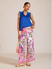 preiswerte weites Bein und hohe Taille-Blush&amp;Beast seidig-rosafarbene Satinhose mit Paisleymuster