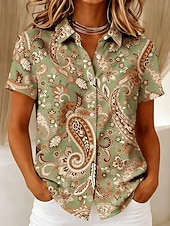 billige Kunst og Design Bluser-Dame Skjorte Knapper Trykt mønster Grafisk Paisly Årgang Stilfull Moderne Kortermet Skjortekrage Vanlige topper Avslappet Daglig Lysegrønn Lysebrun Lilla Brun Grønn Sommer Vår