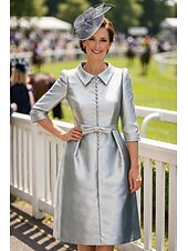 preiswerte Teelänge-Schlauchkleid Knielang Partykleid Cocktailkleid Kleid für Hochzeitsgäste Brautmutterkleid Dreiviertelarm Hemdkragen Elegant Minimalistisch Hochzeitsgast Cocktailparty Formeller Abend Stretch Satin mit