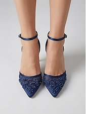 baratos Convidado do casamento-Sapatos de salto agulha bordados em azul marinho para mulheres – elegantes sapatos de festa com tira no tornozelo.