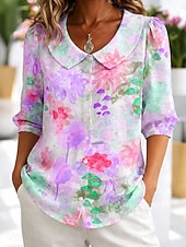 abordables Blouses Florales-Femmes Chemise ancien Élégant Manche 3/4 Col Rond Claudine Hauts Réguliers Quotidien Travail Fête Bleu Rose Claire Violet Vert Été Printemps