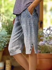 voordelige Grafische shorts-Dames Katoenen linnen shorts Capri broeken Vakantie Vintage oma-stijl aan de kust Knielengte Medium Taille Bloemig Grafisch Paisley Afdrukken Comfort Inelastisch Dagelijks Buiten Straat blauw