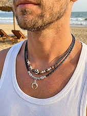 cheap Men's Jewelry-Men's Bohemian Style Double-Layer Necklace, Alloy &amp; Leather Cord Mixed Material, Crescent Moon Pendant, Adjustable, Perfect for Beach Vacation, Daily Casual Wear