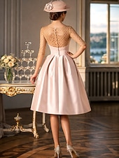ieftine Rochii lungi și rochii de seară-Linia -A Lungime Genunchi Rochii de bal Elegant 1950 Manșon Jumate Bijuterie Invitat la nunta Kentucky Derby Buzunar Satin cu Buton Buzunar