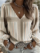 economico Arte &amp; Design Bluse-Per donna Camicia Camicia Boho Grafico Astratto Elegante Bohemien Vacanza Manica Lunga Scollo a V Top Regolari Casuale Quotidiano Ferie Giallo Cachi Estate Primavera