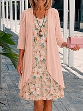 cheap Floral Dress-Women's Dress Set A Line Dress Elegant Vacation Floral Graphic Layered Print Midi Dress 3/4 Length Sleeve Crew Neck Daily Blue Orange Summer Spring Regular Fit