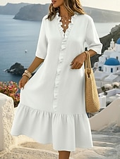 economico Vestiti-Per donna Abito al ginocchio Abiti di lino Abito in lino Essenziale Spiaggia Vacanza Vestibilità comoda Colore Puro Mezza Manica Scollo a V Nero Bianco Verde Estate