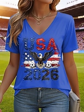  Mulheres Camiseta Imprimir Gráfico Time de futebol à moda Clássico Casual Manga Curta Decote V Tops regulares Diário Azul Preto Branco Vermelho Verde Verão Primavera