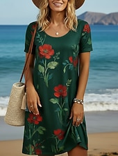abordables Robes fleuries-Femmes Mini robe Robe Décontractée Robe T-Shirt Mode Moderne Quotidien Extérieur Vacances Coupe régulière Fleuri Graphique Manche Courte Col ras du cou Vin Vert Véronèse bleu marine Vert Été Printemps