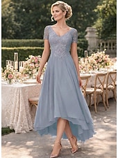 billige Ankellengde-A-linje Asymmetrisk Festkjole Cocktail Kjole Gjestekjole til bryllup Kjole til brudens mor Kortermet V-hals Elegant Formell Bryllupsgjest Formell kveld Chiffon med Ensfarget