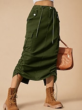 economico Gonne casual-Per donna Scenette di carico Casual Midi Vita Alta Gonne Inelastico Quotidiano Cachi chiaro Nero Verde militare Estate