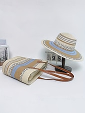 cheap Vacation &amp; Travel Bags-Women's Bohemian Striped Straw Tote Bag and Sun Hat Set, Boho Ethnic Woven Beach Vacation Handbag Set in Multiple Colors for Resort Travel, Casual Summer Outfits and Everyday Wear
