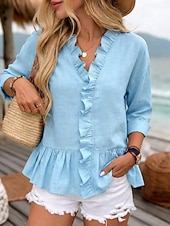 tanie Gładkie bluzki-Koszula damska 100% bawełniana bluzka koszula z falbanami patchwork jednolity kolor casualowa stylowa klasyczna nowoczesna długi rękaw dekolt w serek regularne bluzki na co dzień wakacje na wyjście